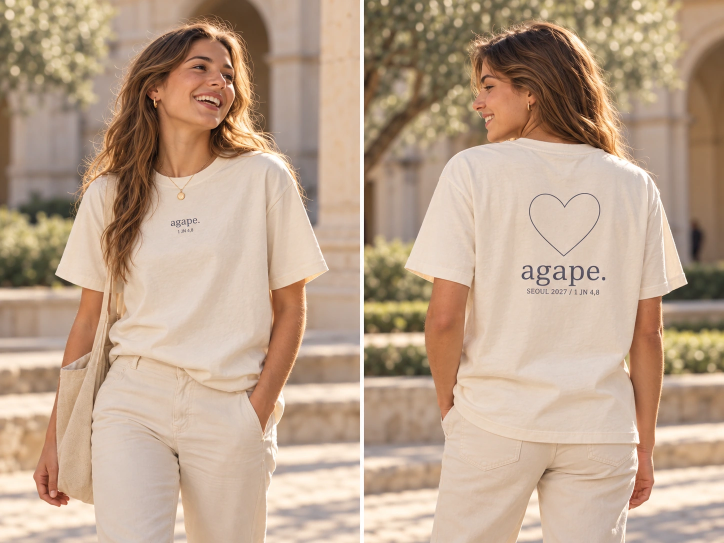 Camiseta cristiana Ágape, modelo e imagen generados con IA