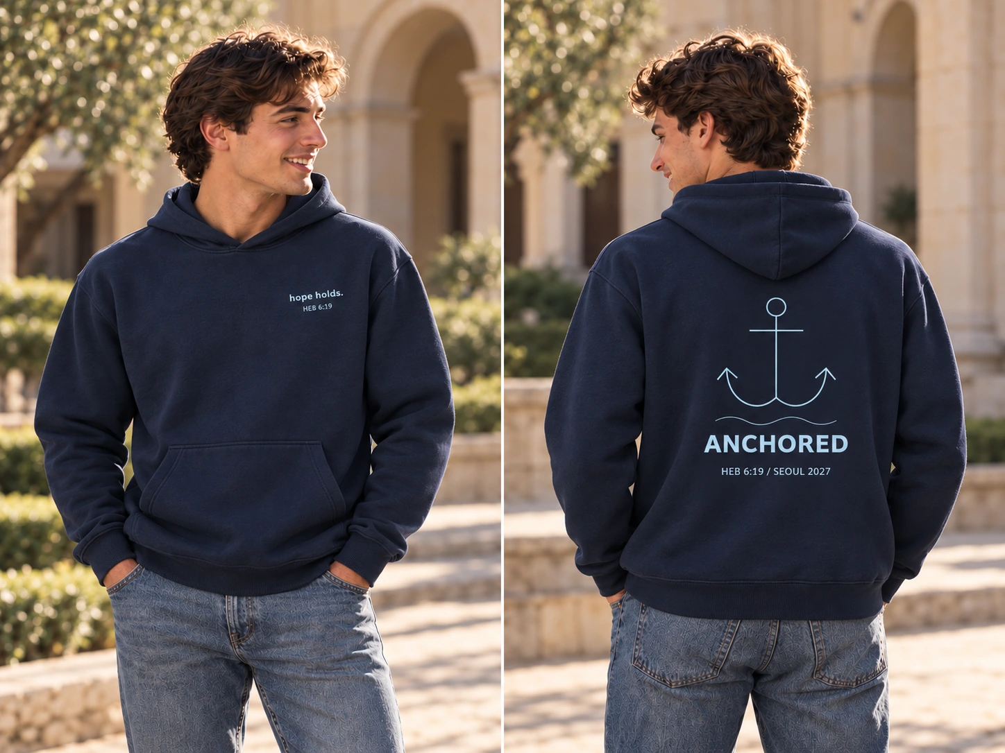 Sudadera cristiana Anchored, modelo e imagen generados con IA