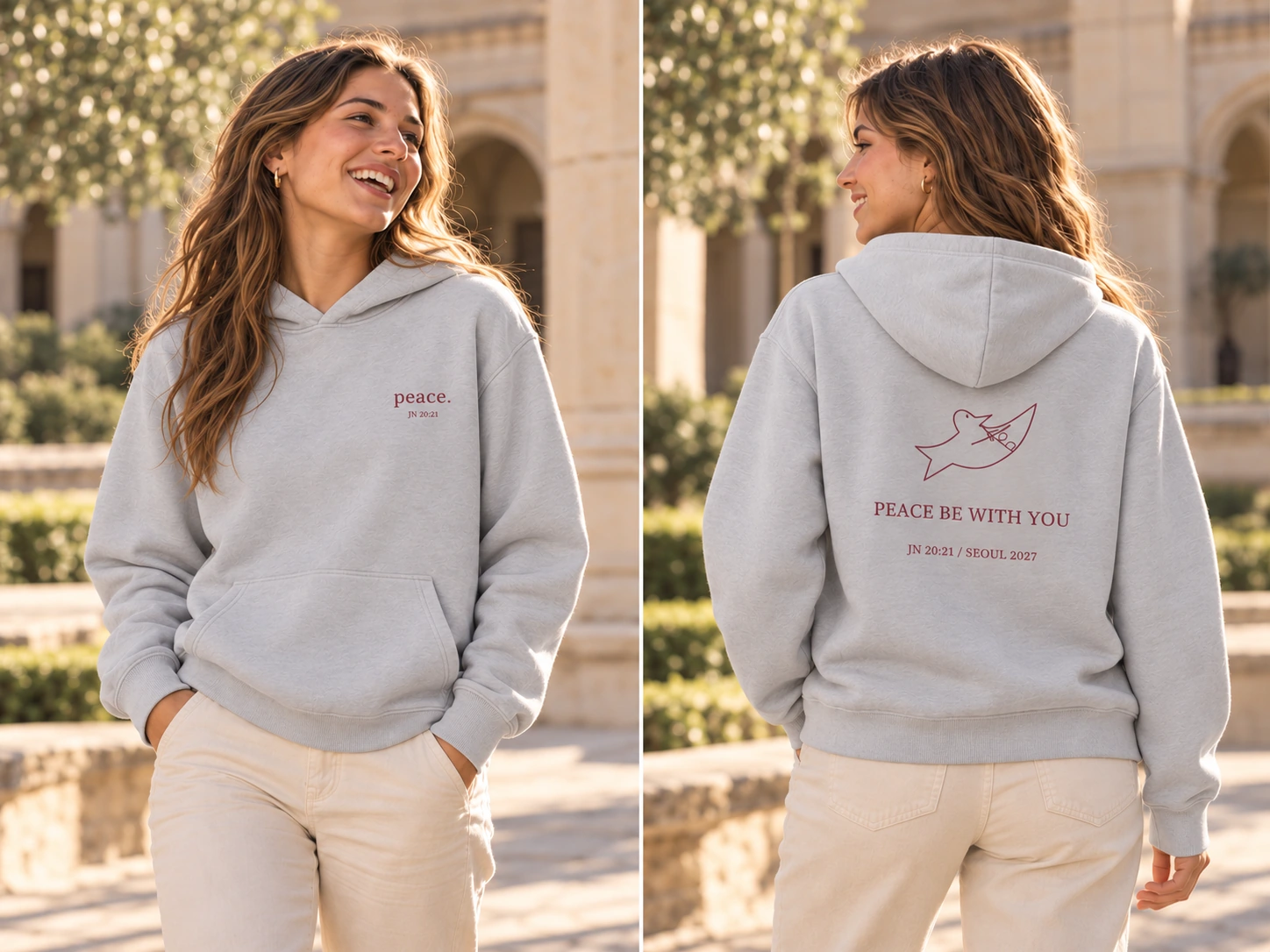 Sudadera cristiana Peace Club, modelo e imagen generados con IA