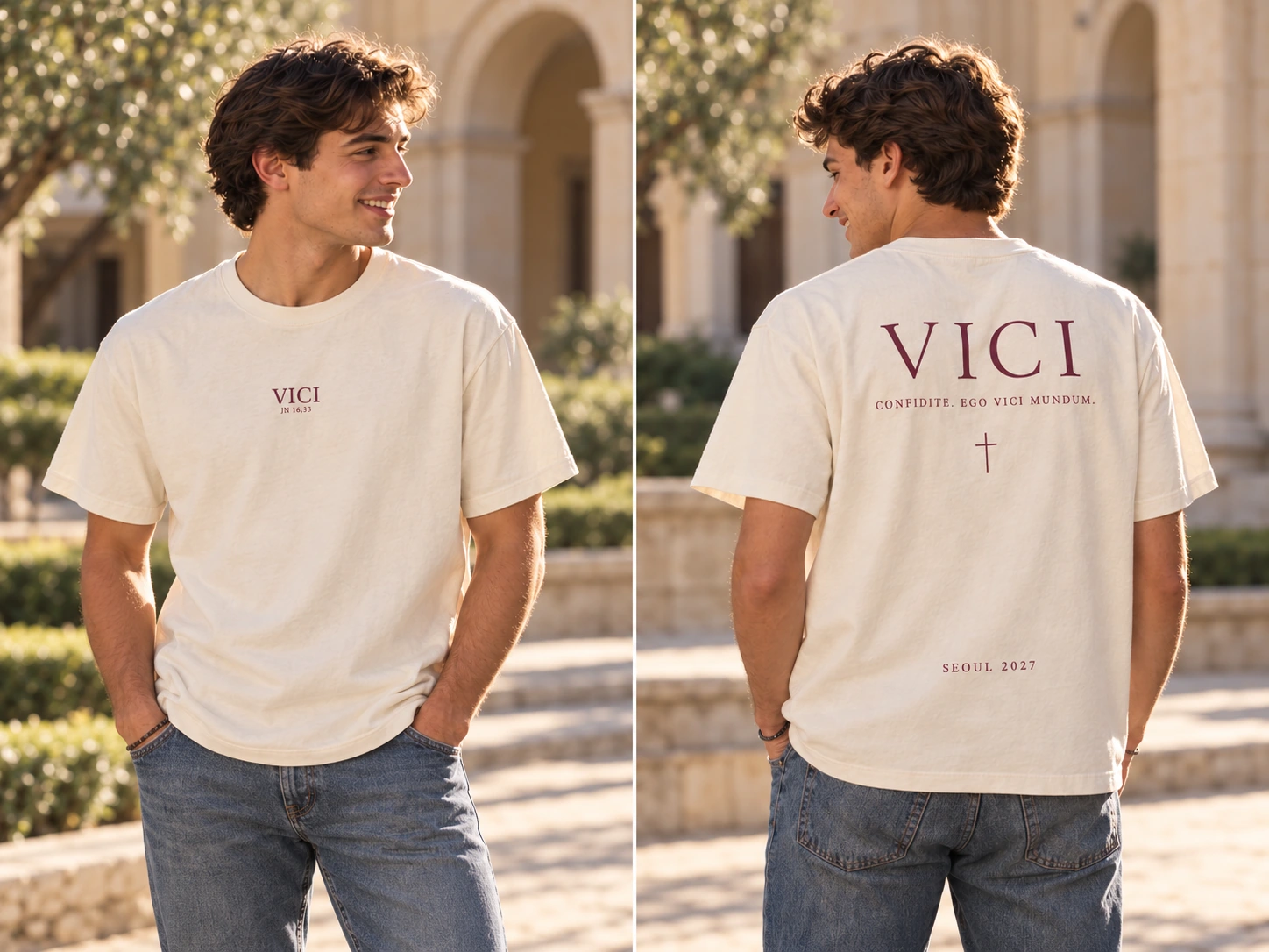 Camiseta cristiana Vici, modelo e imagen generados con IA