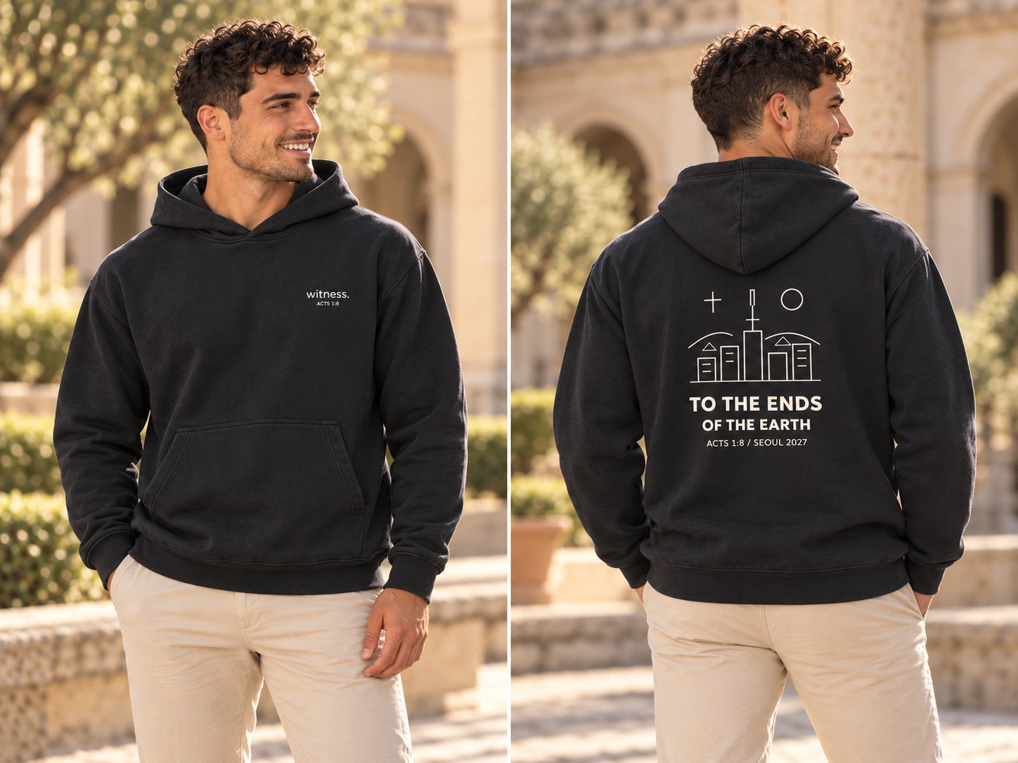 Sudadera cristiana Witness, modelo e imagen generados con IA